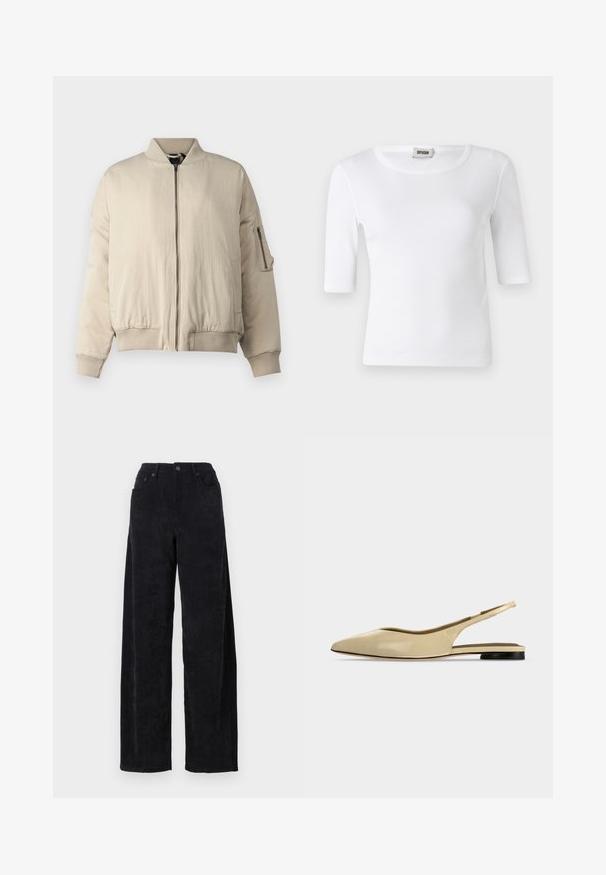 Beige Bomberjacke mit geribkeltem Kragen und Bündchen, durchgehendem Reißverschluss, Seitentaschen und einer kleinen Reißverschlusstasche am Ärmel. Glatte Textur.; Weißes, geripptes T-Shirt mit rundem Ausschnitt und Ärmeln bis zum Ellbogen. Hergestellt aus einem weichen Material mit glatter Textur. Etikett am Ausschnitt sichtbar.; Schwarze Corduroy-Hosen mit weitem Bein und hohem Bund, ausgestattet mit zwei Fronttaschen und feiner vertikaler Rippstruktur.; Beiger Slingback-Ballerina mit spitzer Kappe, niedrigem schwarzem Absatz und glattem Lederfinish, seitlich auf einfarbigem Hintergrund gezeigt.