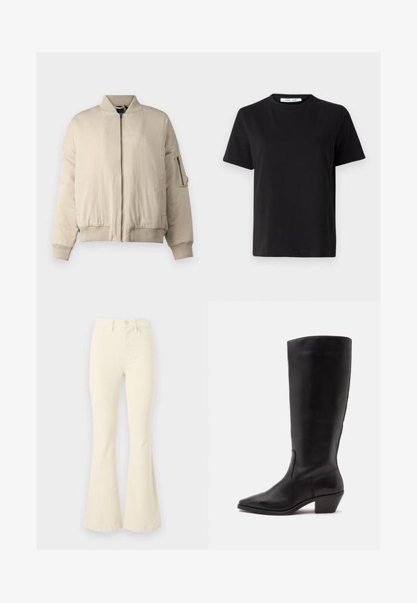 Beige Bomberjacke mit geribkeltem Kragen und Bündchen, durchgehendem Reißverschluss, Seitentaschen und einer kleinen Reißverschlusstasche am Ärmel. Glatte Textur.; Schwarzes T-Shirt mit kurzen Ärmeln aus weicher Baumwolle, mit rundem Ausschnitt, lockerer Passform und glatter Textur. Keine sichtbaren Muster oder Grafiken.; Cremfarbene, ausgestellte Jeans aus Baumwolle mit hoher Taille, Knopfverschluss und klaren Linien ohne sichtbare Muster oder Akzente.; Schwarzer Lederstiefel bis zur Wade mit spitzer Spitze und niedrigem schrägem Absatz vor einfachem hellem Hintergrund.
