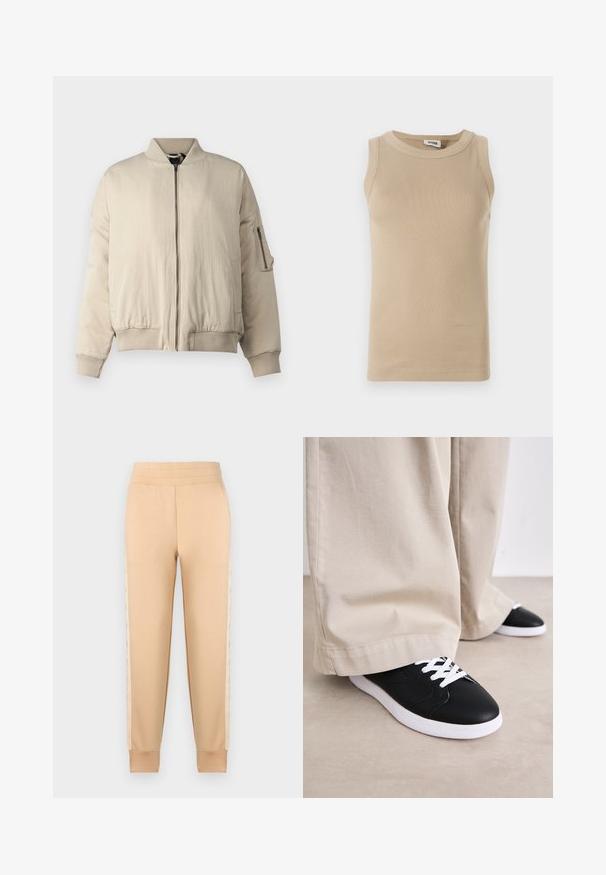 Chaqueta bomber beige con cuello y puños acanalados, cierre frontal con cremallera, bolsillos laterales y un pequeño bolsillo con cremallera en la manga. Textura suave.; Top sin mangas beige fabricado con tejido acanalado, con cuello redondo, con costuras tonales y un diseño ajustado.; Pantalones de chándal beige con una textura suave, que presentan un diseño tapered, cintura elástica y paneles laterales estampados.; Zapatillas de cuero negro con cordones blancos y suela de goma blanca, acompañadas de pantalones beige holgados, sobre una superficie texturizada clara.