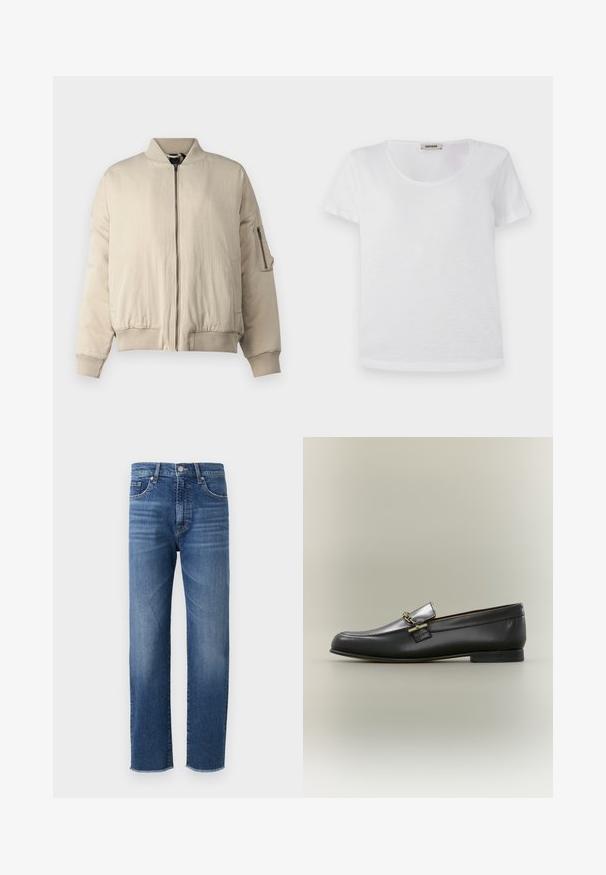 Beige bomberjack met ribbrei kraag en manchetten, ritssluiting aan de voorkant, zijzakken en een klein ritsvakje op de mouw. GLadde textuur.; Witte t-shirt met korte mouwen, gemaakt van zachte stof, met een ronde halslijn en een rechte zoom zonder zichtbare patronen of accenten.; Blauwe denim jeans met een recht gesneden ontwerp, voorzien van een vervaagde afwerking, vijf zakken en een rafelige zoom.; Zwarte leren loafer met zilveren bovenkant, gouden kettingdetail, lage hak en afgeronde neus op een neutrale achtergrond.