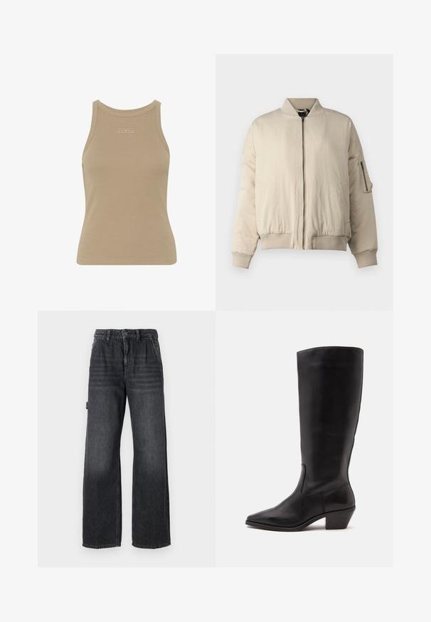 Beige Bomberjacke mit geribkeltem Kragen und Bündchen, durchgehendem Reißverschluss, Seitentaschen und einer kleinen Reißverschlusstasche am Ärmel. Glatte Textur.; Beige gerippter Tanktop mit rundem Ausschnitt, ärmellosem Design und kleinem geprägtem Logo in der Mitte der Vorderseite. Weiche Stoffstruktur.; Weite Jeans aus dunkelgrauem Denim, mit hoher Taille, Fronttaschen und dezenten Waschungen an den Oberschenkeln. Kontrastierende Nähte.; Schwarzer Lederstiefel bis zur Wade mit spitzer Spitze und niedrigem schrägem Absatz vor einfachem hellem Hintergrund.