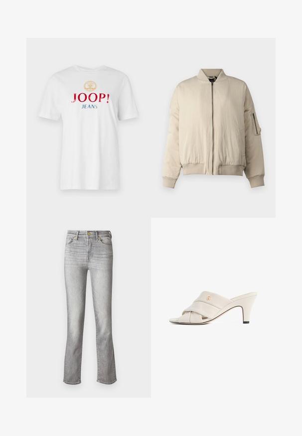 Veste bomber beige avec col et poignets côtelés, fermeture éclair frontale, poches latérales et une petite poche zippée sur la manche. Texture lisse.; T-shirt en coton blanc avec un col rond, des manches courtes et un texte multicolore en gras : "JOOP !" en rouge et "JEANS" en bleu, sous un emblème doré.; Jean en denim gris avec un design à jambe droite, doté d'une fermeture à bouton à l'avant, de cinq poches et d'un léger délavage pour plus de texture.; Mules à talons hauts beiges avec un design de bride en cuir torsadé, bout ouvert et motif de logo en relief. Le talon présente un détail d'embout noir.