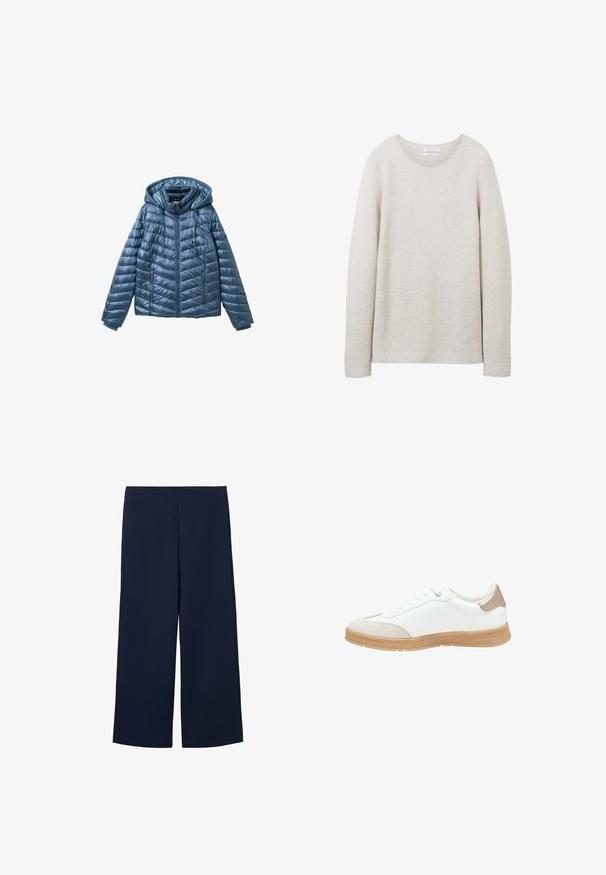 Polstret blå jakke med hætte, der har lynlåslukning, sidelommer og et quiltet mønster med vandrette og skrå linjer.; Lys beige langærmet sweater med rund halsudskæring, tekstureret ribbet design og lige kant. Blødt stof med subtile striber.; Marineblå brede bukser lavet af letvægtigt stof, med et rent design og lige snit, forsynet med sidelommer og uden synlige lukninger.; Hvide sneakers med en glat læderoverdel, beige ruskind tåhætte og en struktureret tan gummisål. Har fem huller til snørebånd og en polstret hæl.