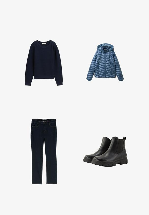 Polstret blå jakke med hætte, der har lynlåslukning, sidelommer og et quiltet mønster med vandrette og skrå linjer.; Marineblå strikket sweater med en afslappet pasform, bred rund hals og ribbede manchetter. Har et struktureret mønster gennem hele stoffet.; Mørkeblå lige ben jeans lavet af denim. Har fem lommer, kontrastfarvet orange syning og en linning med mærkets navn.; TOM TAILOR Ankelstøvler - black