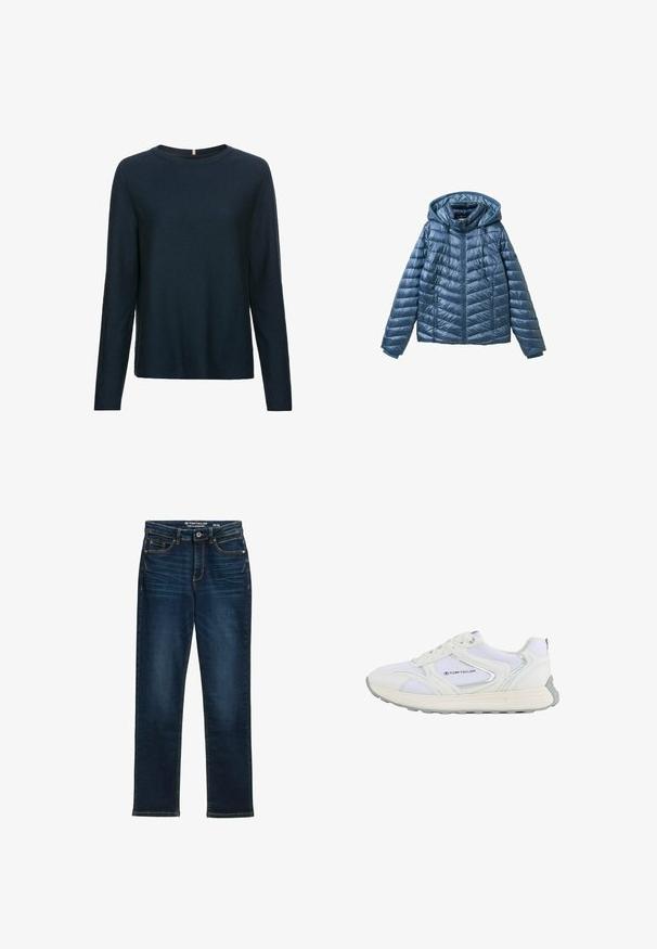 Veste bleue matelassée avec capuche, dotée d'une fermeture éclair, de poches latérales et d'un motif matelassé avec des lignes horizontales et diagonales.; Pull à manches longues bleu marine en matière côtelée. Présente un col rond et une coupe droite à l'ourlet. Texture douce.; Jean droit bleu foncé en denim, avec cinq poches, fermeture par bouton en métal et surpiqûres contrastées. Aucun effet de délavage visible.; Chaussure de sport blanche avec une tige en mesh et en synthétique, présentant des accents argentés et une semelle en caoutchouc texturée, étiquetée "TOM TAILOR."