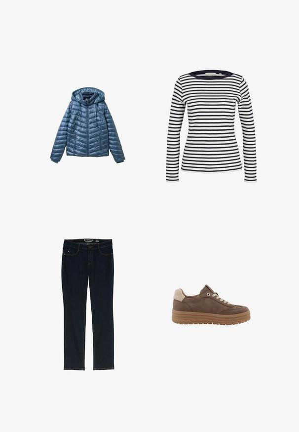 Padded modrá bunda s kapucňou, vybavená zipsom, bočnými vreckami a prešívaným vzorom s horizontálnymi a diagonálnymi líniami.; TOM TAILOR DENIM Top s dlhým rukávom - navy/white; Tmavomodré rovné džínsy vyrobené z denimu. Majú päť vreciek, kontrastné oranžové švy a pások s označením značky.; Hnedá teniska s hrubou gumovou podrážkou, bielymi šnúrkami a béžovým fleecovým zateplením na päte, zobrazená z profilu na bielom pozadí.