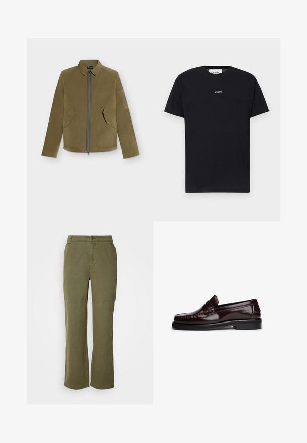 Olivgrüne Jacke mit Reißverschluss, Druckknopfkragen, schrägen Klappentaschen und einer kleinen aufgesetzten Tasche am linken Ärmel, flach auf weißem Hintergrund liegend.; Schwarzes T-Shirt mit kurzen Ärmeln und Rundhalsausschnitt, mit kleinem weißen "ICEBERG"-Logo mittig auf der Brust vor einem einfarbigen Hintergrund.; Olivgrüne Baumwollhose mit geradem Beinschnitt, sichtbarem Knopfverschluss und Akzenten an der Knienaht für zusätzliche Details und Struktur.; Braune Leder-Loafers mit glänzender Oberfläche, dekorativen Ziernähten, Riemen über dem Spann und flacher Gummisohle.