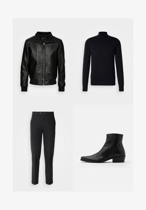 Schott FRESNO - Leren jas - black; Zwarte coltrui van zacht materiaal. Heeft lange mouwen, ribgebreide kraag en manchetten, met een gladde textuur en zonder patronen.; Lindbergh Broek - black melange; Zwarte leren enkellaars met een spitse neus, minimale stiksels, een middellange blokhak en een gladde, gepolijste afwerking.