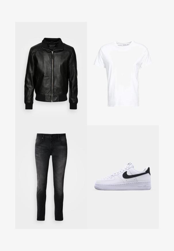 Schott FRESNO - Lederjacke - black; Weißes Baumwoll-T-Shirt mit rundem Ausschnitt und kurzen Ärmeln, im klassischen Schnitt und mit glatter Textur. Keine sichtbaren Muster oder Hardware.; Schwarze Denim-Jeans im Slim-Fit-Schnitt, mit fünf Taschen, dezentem Used-Look und Kontrastnähten. Ausgestattet mit klassischem Metallknopf und Reißverschluss.; Weißes Leder-Sneaker mit einem strukturierten schwarzen Swoosh, flachen Schnürsenkeln und einer Gummisohle mit genoppetem Muster. "AIR" ist auf der Ferse eingeprägt.