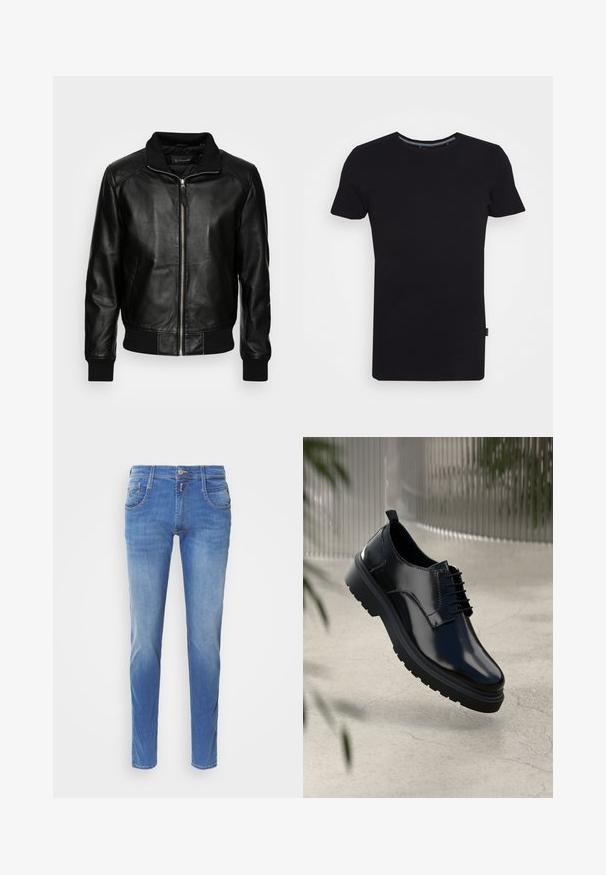 Schott FRESNO - Læderjakker - black; Lindbergh T-shirts basic - black; Blå denimjeans med slim fit. Har fem lommer, lukning med knap foran og let falming på benene. Lige benudskæring.; Sorte lædersko med en blank overflade, rund tå, snøredesign, kontrastsyninger og en tyk gummisål med mønster.