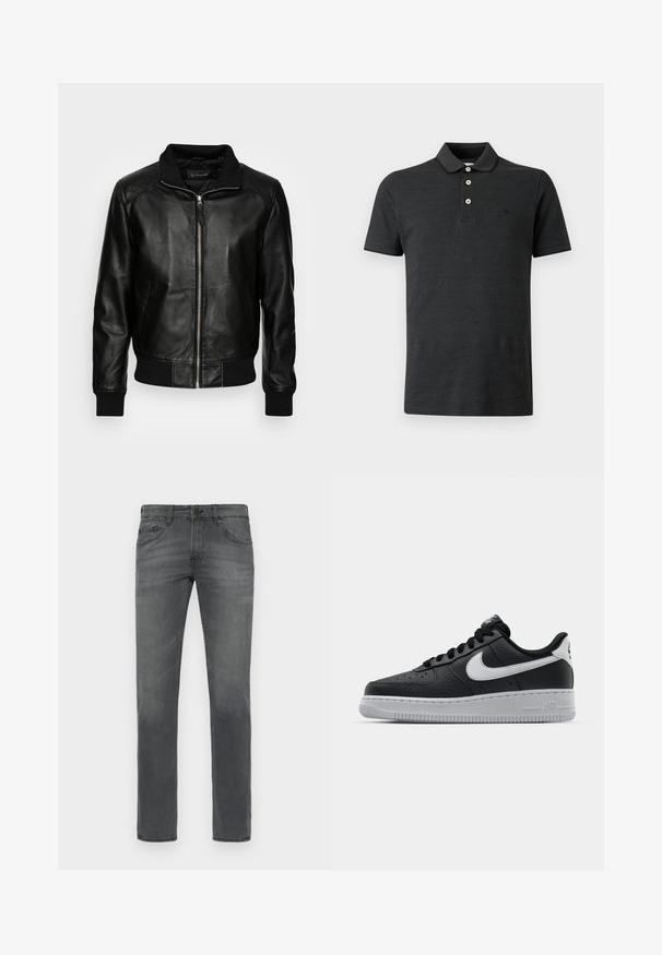 Schott FRESNO - Leren jas - black; Zwart polohemd met korte mouwen, drie witte knopen en een geribde kraag, afgebeeld tegen een effen lichte achtergrond.; Grijze denim jeans met een klassiek rechte pasvorm, voorzien van een standaard vijf-pocket ontwerp en een subtiele vervaagde textuur overal.; Zwarte lederen sneaker met een textuur oppervlak, witte Nike swoosh, grijze zool, ronde neus en vetersluiting. Bevat perforaties op de neus.