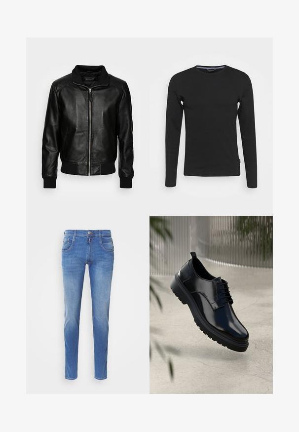 Schott FRESNO - Lederjacke - black; Lindbergh O-NECK - Langarmshirt - black; Blaue Denim-Jeans mit slim fit. Sie verfügen über fünf Taschen, einen Frontknopfverschluss und leichte Abnutzungen an den Beinen. Gerade Beinschnitt.; Schwarzer Lederschuh mit glänzender Oberfläche, runder Spitze, Schnürdesign, kontrastierenden Nähten und einer dicken Gummisohle mit Profilmuster.