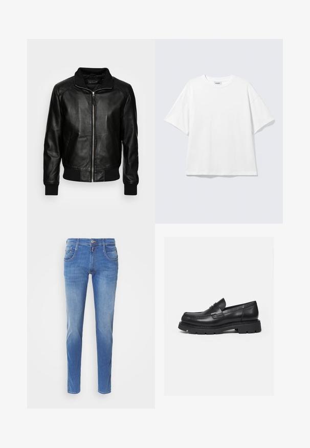 Schott FRESNO - Kožená bunda - black; Biele oversize tričko s krátkym rukávom a okrúhlym výstrihom s padnutými ramenami, položené na svetlošedom pozadí.; Modré džínsy vo slim strihu. Majú päť vreciek, predné zapínanie na gombík a svetlé blednutie na nohách. Rovný strih nohavíc.; Čierny kožený mokasín s hrubou rebrovanou podrážkou a detailom popruhu na mincu, zobrazený pravý bočný profil na bielom pozadí.