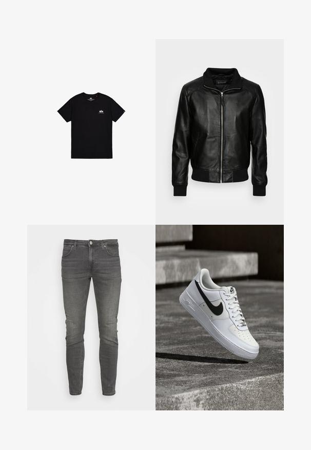 Schott FRESNO - Leather jacket - black; Black short-sleeve T-shirt made of cotton. Features a small white logo on the left chest and a tag on the side seam. Simple design.; Gray denim skinny jeans with a classic five-pocket design, featuring a button closure and minimalistic stitching on a smooth texture.; White Nike Air Force 1 sneaker with black swoosh, laces tied, positioned mid-air above textured concrete surface outdoors.