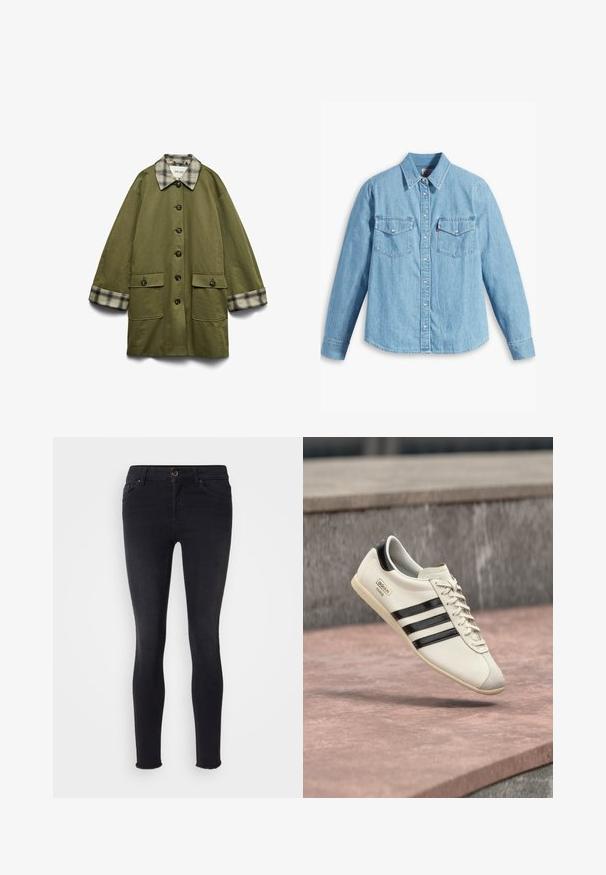 Oudgroene oversized jas met ruitenboord en manchetten, voorste knopen en twee grote klepzakken.; Lichtblauwe spijker blouse met lange mouwen, puntige kraag, twee borstzakken, knoopsluiting en subtiele textuur. Geen zichtbare patronen.; Zwarte skinny jeans van denimmateriaal, met een middelhoge taille, voorzakken en een rafelrand bij de enkels. Klassiek vijf-zakken ontwerp.; Witte Adidas sneaker met zwarte strepen en beige zool, zwevend boven een rozeachtig betonnen oppervlak en een grijze stenen achtergrond.