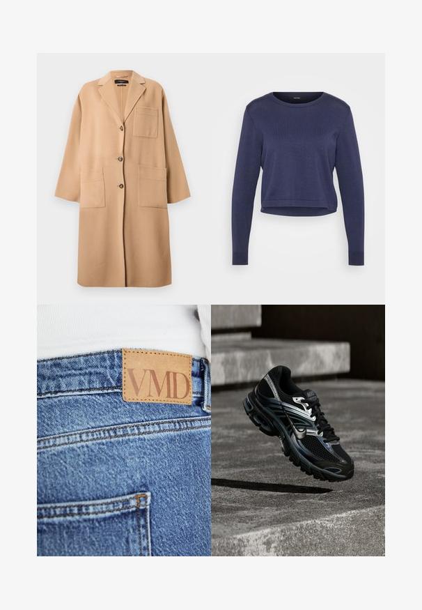 Beige uldblandet frakke med en hakket revers, tre knapper og to store forlommer. Enkel, lige skåret design.; Mørkeblå cropped sweater lavet af blødt strikket materiale. Har rund halsudskæring og lange ærmer med ribbede manchetter. Enkel, strømlinet design.; Nærbillede af blå denimjeans med brun læderetiket syet på linningen med teksten "VMD".; Sort og sølv Nike løbesko svævende over betontrappe, viser detaljeret design og tekstureret sål i udendørs omgivelser.