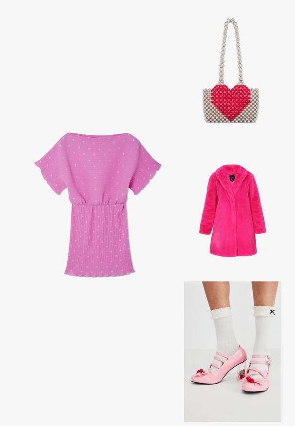 Faux fur jas in felroze, met een sjawl-kraag, lange mouwen en een rechte snit, met een zachte, pluche textuur.; Roze geplooide jurk met korte fladdermouwen, versierd met zilveren stippen en een elastische taille voor een ontspannen pasvorm.; Roze gepatineerde leren hakken met een ronde neus, drie bandjes en kersenversieringen. Heldere blokhak met florale accenten. Witte geribbelde sokken.; Kleine handtas gemaakt van zilveren kralen met een groot rood hart aan de voorkant en een handvat van zilveren kralen.
