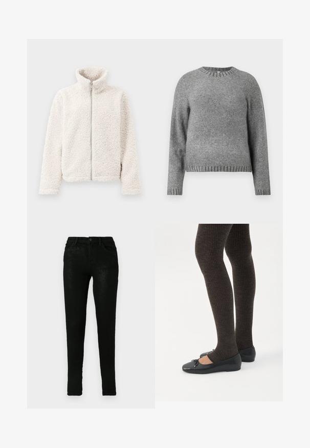 Φλις ζακέτα σε off-white απόχρωση, με ψηλό γιακά, μπροστινό φερμουάρ και υφασμάτινη, μαλακή υφή, με μακριά μανίκια και ελαστικές μανσέτες.; Γκρι πλεκτό πουλόβερ με στρογγυλή λαιμόκοψη, μακριά μανίκια και ριμπιέ τμήματα στις μανσέτες και το στρίφωμα. Μαλακή υφή με ελαφρώς χαλαρή εφαρμογή.; Μαύρα τζιν παντελόνια με στενή γραμμή, που διαθέτουν πέντε τσέπες, κλείσιμο με κουμπί και ήπιες υφασματικές παραλλαγές στην επιφάνεια.; Πόδια με σκουρόχρωμα ριμπ κολάν συνδυασμένα με μαύρα μπαλαρίνα παπούτσια με μικρές λεπτομέρειες φιόγκων σε λευκό φόντο.