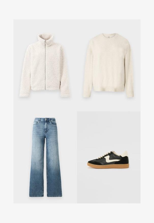 Hallhii jakk off-white värvuses, mis sisaldab kõrget kaelust, esist j zipperit, tekstuurset ja pehmet kangast pikkade varrukatega ning elastsete mansettidega.; Hele beeži kampsun, mis on valmistatud pehmest kangast, ringkrae, pikad varrukad ja soonikkoes mansetid ja äär. Lihtne, klassikaline disain.; Kerged jalaga teksaseelikud helesinises pesus, millel on kõrge vöökoht, viie tasku disain ja kangal peen küljes hägustamine. Klassikaline metallist nupu sulgemine.; Must musta ja nahast sneakersid, millel on koorevärvi külgsuund ja hele koorik. Omab beeži paelu ja kummi kummist välistalla.