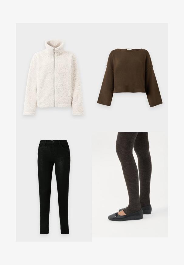Φλις ζακέτα σε off-white απόχρωση, με ψηλό γιακά, μπροστινό φερμουάρ και υφασμάτινη, μαλακή υφή, με μακριά μανίκια και ελαστικές μανσέτες.; Καφέ κοντό πουλόβερ με φαρδύ λαιμόκοψη, μακριά μανίκια και απαλή υφή. Απλός, αδιάκοπος σχεδιασμός, κατάλληλος για διάφορους συνδυασμούς ενδυμάτων.; Μαύρα τζιν παντελόνια με στενή γραμμή, που διαθέτουν πέντε τσέπες, κλείσιμο με κουμπί και ήπιες υφασματικές παραλλαγές στην επιφάνεια.; Πόδια με σκουρόχρωμα ριμπ κολάν συνδυασμένα με μαύρα μπαλαρίνα παπούτσια με μικρές λεπτομέρειες φιόγκων σε λευκό φόντο.