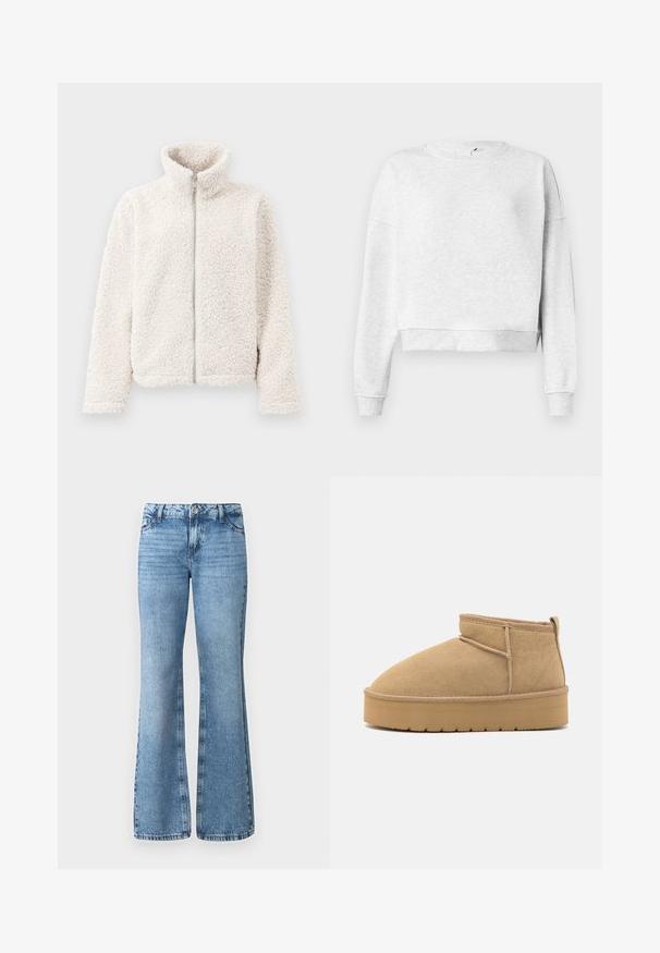 Fleecejacke in Off-White, mit hohem Kragen, Frontreißverschluss und strukturiertem, weichem Stoff, langen Ärmeln und elastischen Bündchen.; Grauer Baumwoll-Sweatshirt mit Rundhalsausschnitt, überschnittenen Schultern und gerippten Bündchen. Mit einem verkürzten Saum und weichem, strukturiertem Material.; Hellblaue, ausgefallene Jeans aus Denim mit einem Frontknopfverschluss, fünf Taschen und subtilen Verfärbungen im gesamten Stoff.; Beige Wildleder-Stiefeletten mit runder Zehenform, minimaler Nähte und einer hellbraunen Gummisohle mit strukturiertem Muster.