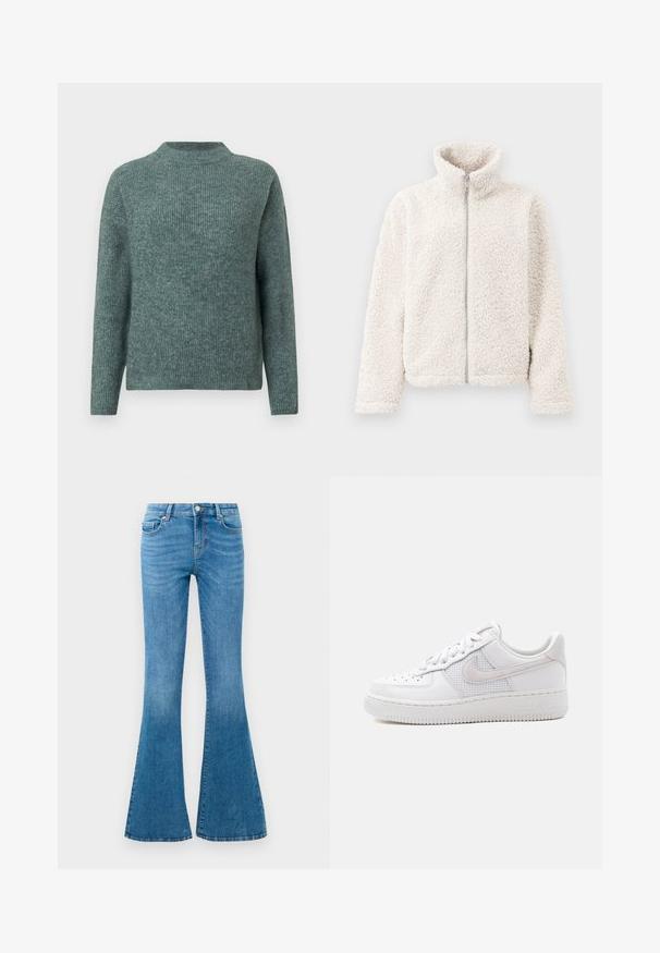 Veste en polaire de couleur blanc cassé, dotée d'un col haut, d'une fermeture éclair à l'avant, et d'un tissu texturé et doux avec des manches longues et des poignets élastiques.; Pull en maille côtelée verte avec un col montant et des manches longues. Texture douce, coupe décontractée, et variations subtiles de teintes sur l'ensemble.; Jean flare en denim bleu avec une taille mi-haute, comportant cinq poches, un bouton standard et un léger délavage pour la texture.; Baskets Nike Air Force 1 basses blanches avec lacets blancs, perforations sur l'embout, et panneau en mesh derrière le logo Nike Swoosh.