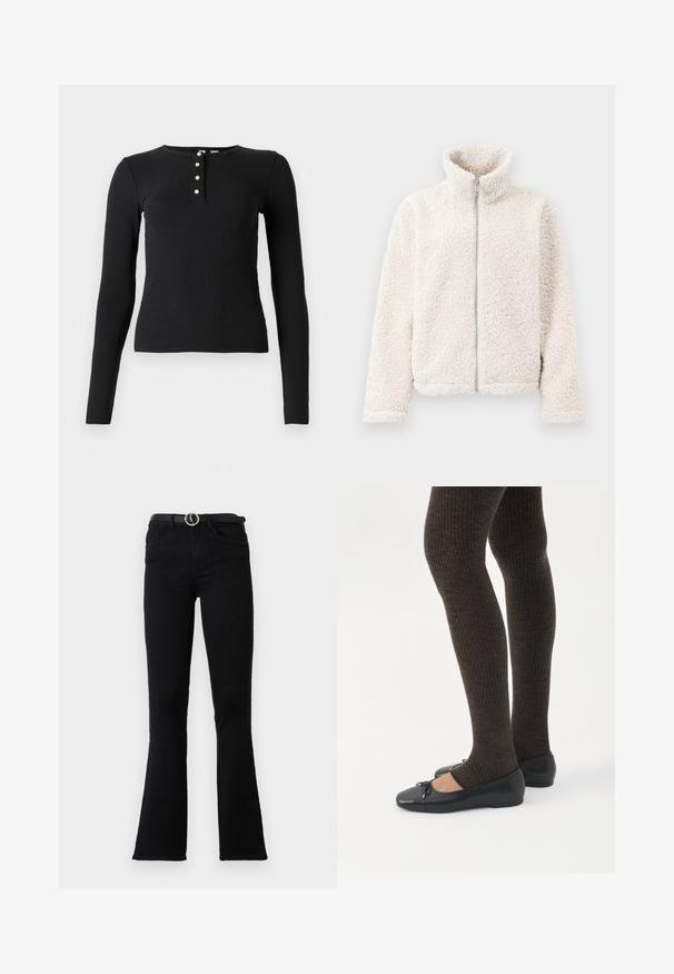 Fleece-takki vaaleanvalkoisena, jossa on korkea kaulus, etuvetoketju ja teksturoitu, pehmeä kangas, pitkät hihat ja joustavat hihansuut.; Mustat pitkät hihat ribbimäinen paita, jossa on pyöreä kaula-aukko ja viiden napin lista, jossa on pieniä vaaleita nappeja. Pehmeä tekstuuri, vartalonmyötäinen muotoilu.; Mustat levenevät farkut, valmistettu denimistä, jossa on istuva vyötärö, etutaskut ja hopeavetoketjullinen vyö. Kangas on sileäpintainen.; Jalat, joissa tummat ribbineuleiset leggingsit yhdistettynä mustiin balettitossuihin, joissa on pienet rusettikoristeet valkoisella taustalla.