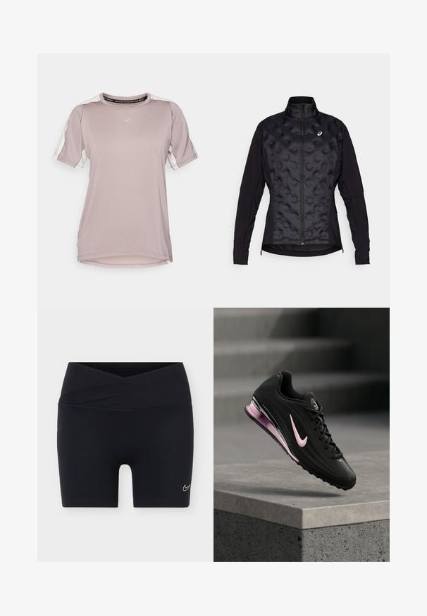 Zwarte jack met een puffy, gestructureerde voorkant en gladde mouwen. Beschikt over een hoge kraag en een ritssluiting, ontworpen voor warmte en flexibiliteit.; ASICS FUJITRAIL ELITE TOP - Sport T-shirt - rainstorm grey/cream; Zwarte sportshorts met een gekruiste tailleband en klein wit Nike swoosh-logo op het linkerbeen tegen een effen achtergrond.; Zwart-roze atletische hardloopschoen met zichtbare luchtzool zwevend boven een betonnen richel tegen een wazige achtergrond van grijze trappen.