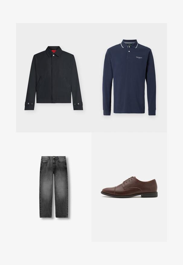 Veste noire pour homme avec col rabattable, fermeture par boutons à l’avant, deux poches latérales inclinées et poignets à boutons.; Polo à manches longues marine en coton, avec un col classique, patte de boutonnage à deux boutons et finitions blanches. Logo brodé sur la poitrine.; Jean denim noir délavé à jambe droite avec bouton frontal, fermeture éclair et conception à cinq poches, présenté à plat sur un fond blanc.; Chaussure habillée en cuir marron à lacets avec un bout arrondi élégant, des détails de couture subtils et un petit talon en caoutchouc noir.