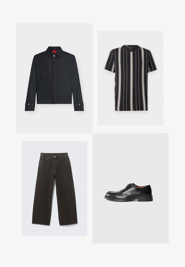 Veste noire pour homme avec col rabattable, fermeture par boutons à l’avant, deux poches latérales inclinées et poignets à boutons.; T-shirt noir à manches courtes avec des fines rayures blanches verticales espacées régulièrement sur le devant et les manches, col rond.; Des jeans en denim noir à jambe large présentent une taille haute, un design à cinq poches et une fermeture à bouton. Le tissu a une finition douce et texturée.; Chaussure de ville en cuir noir avec un bout arrondi, surface lisse, détails en dentelle et une semelle en caoutchouc texturée basse. Lignes épurées et design minimal.