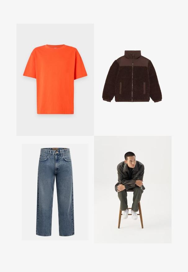 Braune Reißverschlussjacke mit einem weichen, strukturierten Fleecekörper, glatten Stoffschultern und Seitentaschen. Hoher Kragen für zusätzliche Wärme.; Hellorange T-Shirt mit kurzen Ärmeln und Rundhals, leger geschnitten, gezeigt vor einem schlichten hellen Hintergrund.; Hellblaue Jeans aus Denim mit weitem Bein und hoher Taille, ausgestattet mit einem vorderen Knopfverschluss und fünf Taschen, mit einer ausgewaschenen Optik.; Junger Mann in dunkler Lederjacke und Jeans sitzt auf einem Holzstuhl, lehnt sich mit verschränkten Armen nach vorne und schaut seitlich vor weißem Hintergrund.