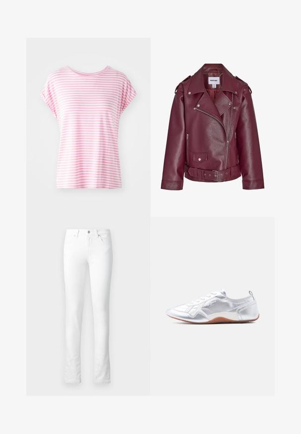 Chaqueta de motorista de piel sintética burdeos con solapas anchas, cremallera plateada, botones a presión, cinturón en la cintura y hombreras en los hombros.; Camiseta de manga corta rayada en rosa claro con cuello redondo. Tela suave, corte relajado, con rayas horizontales uniformes de diferentes anchos.; Vaqueros de denim blanco con corte ajustado, diseño de cinco bolsillos, cierre de cremallera y detalles de costura sutiles. Textura suave; sin patrones visibles.; Zapatilla baja plateada con costuras blancas, cordones blancos, suela marrón claro y logotipo "Pepe Jeans London" en el lateral, vista desde el lado exterior.