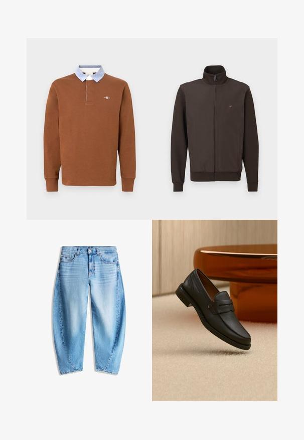 Veste marron à zip intégral avec col montant, poches latérales, poignets et ourlet côtelés, et un petit logo rouge, blanc et bleu sur la poitrine.; Polo à manches longues marron avec un col bleu clair, comportant un petit logo sur la poitrine et des poignets côtelés, fabriqué en tissu doux.; Jean en denim bleu clair avec une coupe décontractée, cinq poches, fermeture par bouton et légère décoloration sur l'avant des cuisses.; Mocassin homme en cuir noir avec une bande sur le dessus, présenté sur un tapis beige près d'une table ronde moderne marron.