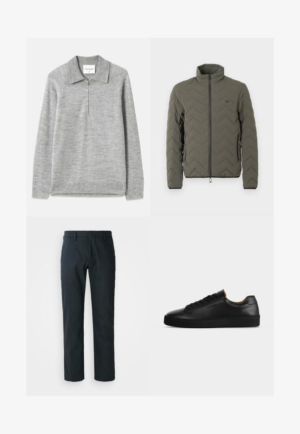 Olivengrøn quiltet jakke med høj krave, lynlås foran og chevronmønster. Har sorte detaljer langs lynlåsen og manchetterne.; Grå pullover sweater med krave og halvlynlås. Fremstillet af et blødt strikmateriale, med ribbet kant og ærmer, samt en flad tekstur.; Sorte, lige bukser lavet af glat stof; har bæltestropper og flad frontdesign. Side lommer inkluderet.; Sort lavtopet læder-sneaker med sorte snørebånd, tekstureret gummisål og lille præget logo på siden, vist i profil mod grå baggrund.
