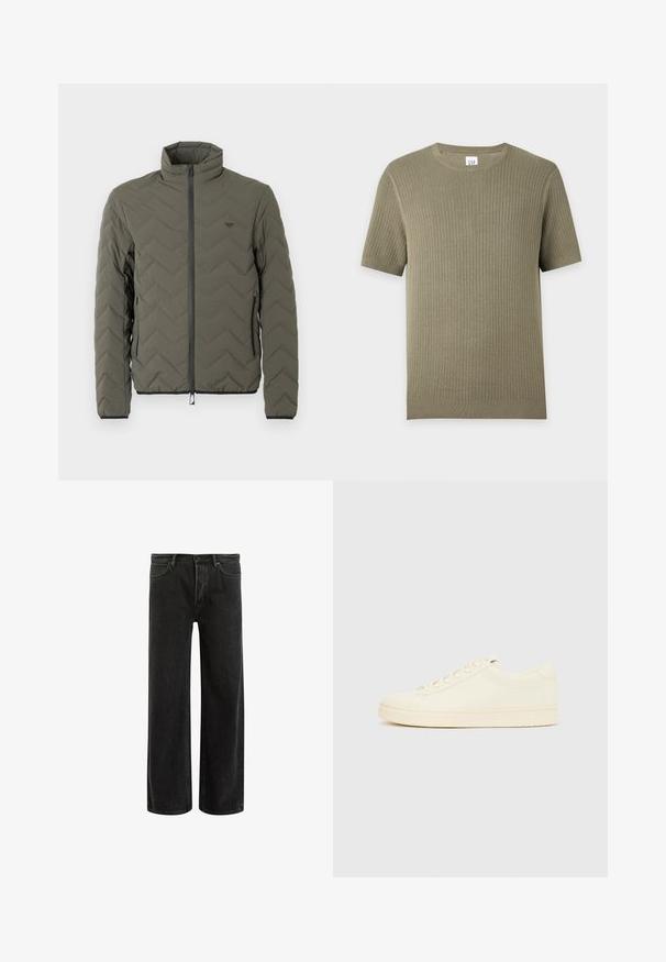 Olivgrüne, gesteppte Jacke mit hohem Kragen, Reißverschluss vorne und Chevron-Muster. Mit schwarzen Akzenten entlang des Reißverschlusses und der Bündchen.; Kurzärmeliger, gerippter Pullover in Olivgrün mit Rundhalsausschnitt und feinen vertikalen Linien, dargestellt auf hellem, einfachem Hintergrund.; Schwarze, weit geschnittene Jeans aus Denim mit hoher Taille, im klassischen Fünf-Taschen-Design und subtilem Verblassen für eine strukturierte Optik.; Cremefarbener Sneaker mit glattem Lederoberteil, abgerundeter Zehenpartie, Schnürung vorne und strukturierter Gummisohle. Minimalistisches Design, ohne Logos.