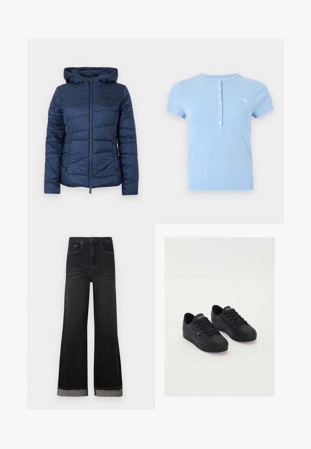 Marineblau gesteppte Jacke mit Kapuze, mit einem Frontreißverschluss, gestepptem Design und einer strukturierten Oberfläche für zusätzliche Wärme und Komfort.; Hellblaues, geripptes Kurzarm-T-Shirt mit rundem Ausschnitt, einer Knopfleiste und einem kleinen, auf der Brust aufgestickten Logo.; Schwarze Jeans aus Denim mit ausgestelltem Bein und hoher Taille, ausgestattet mit fünf Taschen und kontrastierenden Nähten. Die Bündchen haben einen grauen, umgeschlagenen Saum.; Schwarze Low-Top-Sneaker aus glattem Material, mit dicken Schnürsenkeln, einer strukturierten Sohle und einem kleinen Logo an der Seite und auf der Zunge.