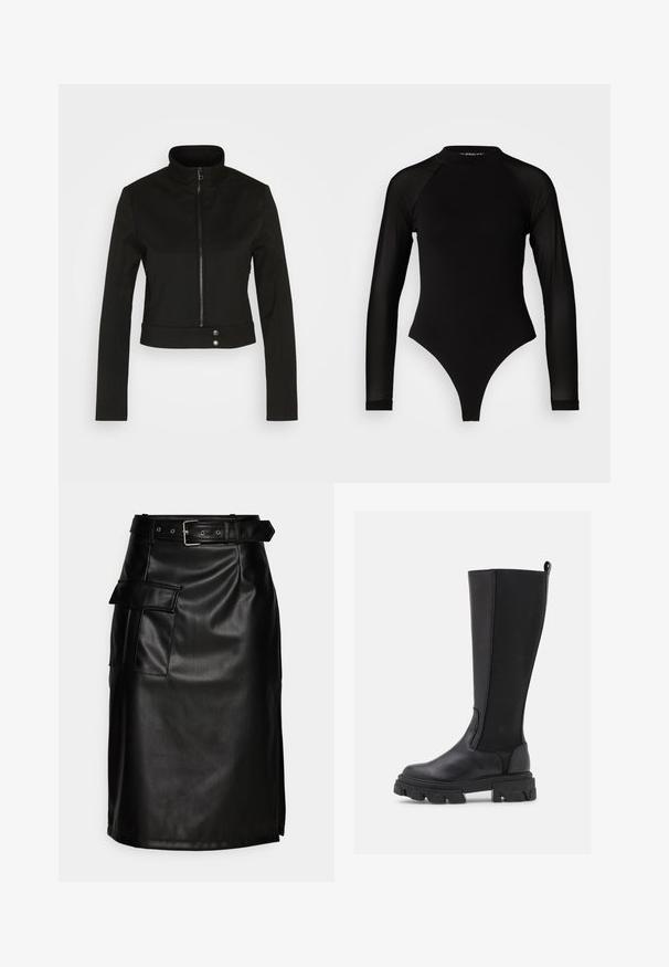 Diesel G-GAURI - Leichte Jacke - black; Schwarzer Langarm-Body mit hohem Kragen, bestehend aus festem Stoff im Torso und transparenten Netzärmel, entworfen in einer körperbetonten Form.; Schwarzer Kunstlederskirt mit tailliertem Bund, seitlicher Tasche und figurnaher Passform. Hat eine glatte Textur und einen leichten Glanz.; Schwarze kniehohe Stiefel mit einer glatten Lederfront und einem strukturierten Stoffrücken, ausgestattet mit einer kräftigen, genoppten Sohle und einer Zuglasche für ein einfaches Anziehen.