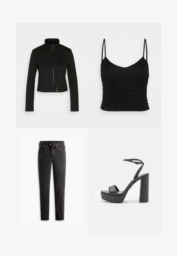 Diesel G-GAURI - Let jakke / Sommerjakker - black; BDG Urban Outfitters RUCHED CAMI - Top - black; Sorte denim jeans med lige ben, der har fem lommer, kobberhardware og en let slidte måde.; Sorte platform højhælede sandaler med åben tå, bred forreste rem og justerbar ankelrem. Glat læderfinish og chunky blokhæle.