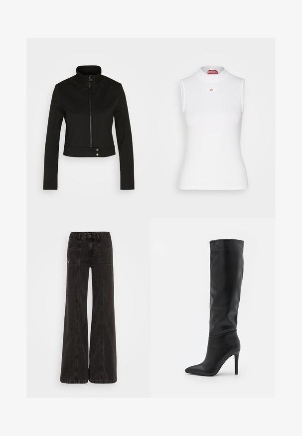 Diesel G-GAURI - Veste légère - black; Haut sans manches blanc avec un col épais côtelé, arborant un petit logo Diesel rouge à l'avant. Fabriqué en matériau ajusté et extensible.; Jeans noirs à jambe large en denim, avec une taille haute, des poches avant et des coutures ton sur ton le long des coutures.; RAID TALISHA - Bottes - black