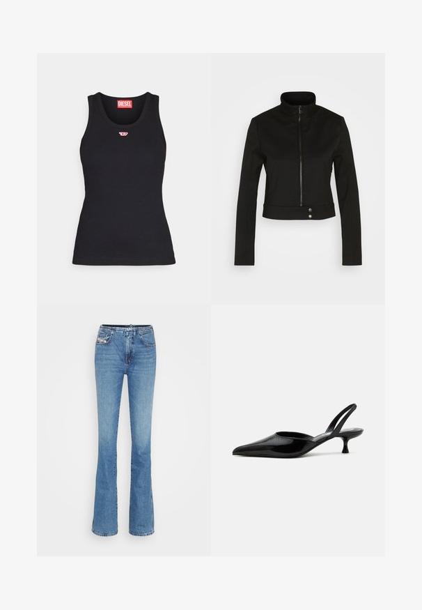 Diesel G-GAURI - Καλοκαιρινό μπουφάν - black; Μαύρο κοντομάνικο μπλουζάκι από βαμβάκι με στρογγυλή λαιμόκοψη, με μικρό κόκκινο λογότυπο στο στήθος και εφαρμοστή γραμμή.; Ανοιχτό μπλε φουσκωτά τζιν φτιαγμένα από ντένιμ. Διαθέτει κλασικό σχέδιο με πέντε τσέπες και ελαφρώς φθαρμένη υφή στα γόνατα.; Μαύρο παπούτσι slingback kitten heel από λευκό δέρμα με μυτερή μύτη και χαμηλή καμπυλωτή τακούνι σε απλό ανοιχτό φόντο.