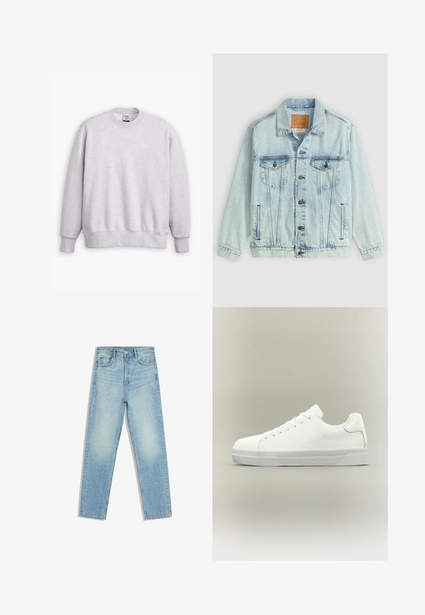Lyseblå denimjakke med krave, knaplukning, to brystlommer og logo-patch på ryggen, med en slidteknik.; Grå sweatshirts med rund halsudskæring, lange ærmer, ribbede manchetter og kant. Har et lille "Levi's" logo i lysegul på forsiden.; Lyseblå jeans med høj talje, lige ben, for- og baglommer og knaplukning på hvid baggrund.; Hvid lavtop sneaker med snørelukning foran, polstret krave og tekstureret gummisål, vist i sidelayout på neutral baggrund.