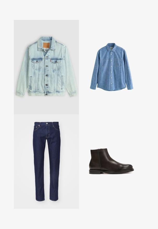 Veste en denim bleu clair avec un col, fermeture à boutons, deux poches poitrine et un patch logo au dos, présentant une texture usée.; Chemise chambray bleue à manches longues avec boutons sur le devant et deux poches poitrine, étalée à plat sur fond blanc.; Jean en denim bleu marine avec une coupe droite, une conception à cinq poches, des coutures orange contrastées et une fermeture à bouton en métal argenté à la taille.; Bottine en cuir noir avec une texture lisse, bout arrondi et un petit talon. Dispose d'une fermeture éclair sur le côté pour un enfilage facile.