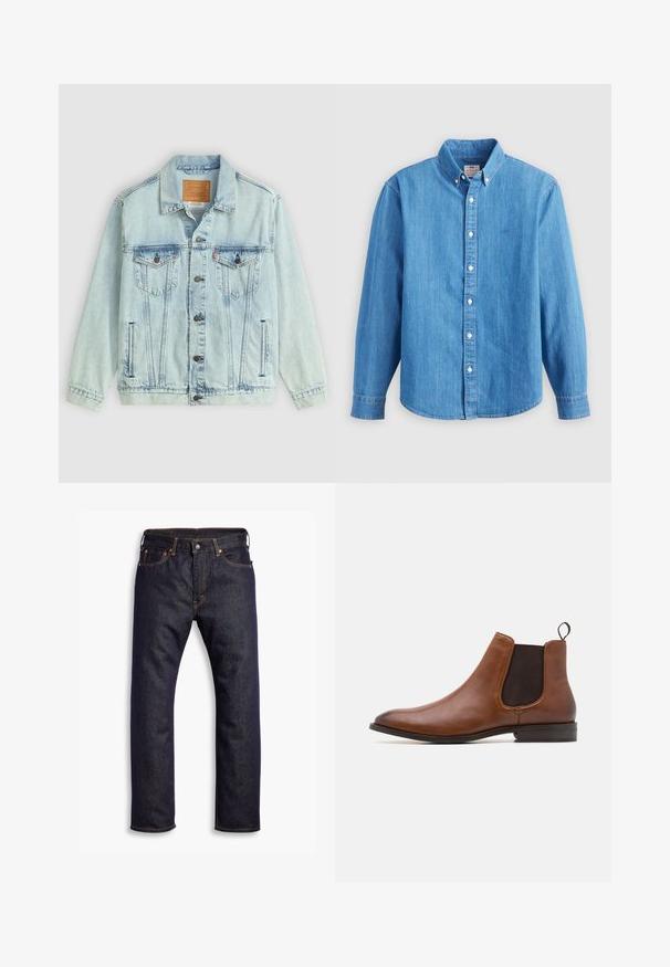 Hellblaue Jeansjacke mit Kragen, Knopfleiste, zwei Brusttaschen und Logo-Patch auf dem Rücken, mit einem verwaschenen Textur.; Hellblaues Jeanshemd mit langen Ärmeln, button-down Kragen und weißen Knöpfen. Verfügt über ein kleines besticktes Logo auf der Brust.; Dunkelblaue gerade geschnittene Jeans aus Denim mit fünf Taschen und orangefarbenen Kontrastnähten, flach auf einem weißen Hintergrund ausgelegt.; Zign by Zalando LEATHER - Stiefelette - cognac