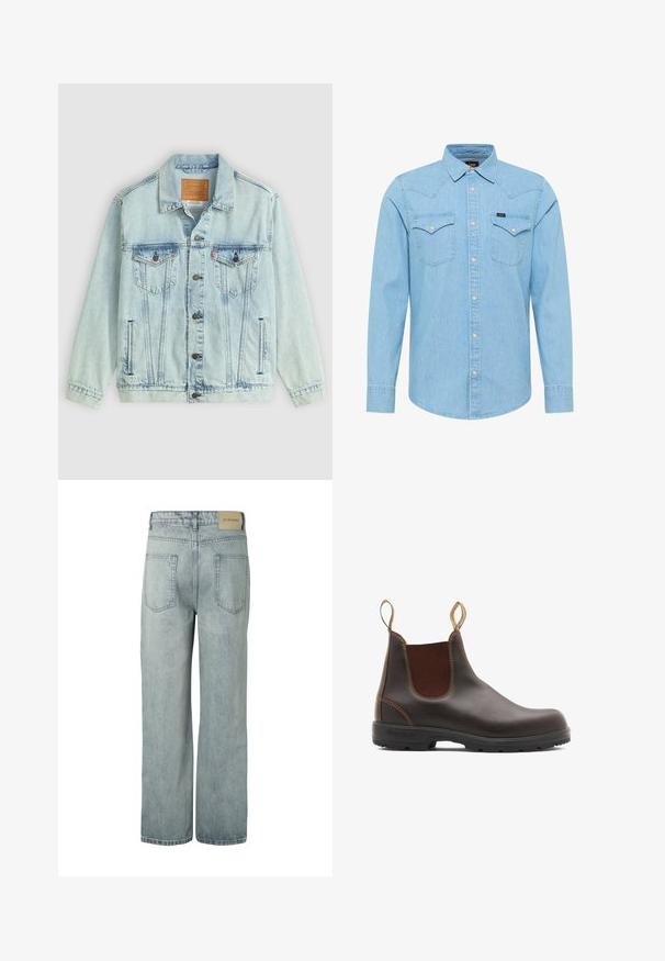 Chaqueta de denim azul claro con cuello, cierre de botones, dos bolsillos en el pecho y parche de logo en la parte posterior, con una textura desgastada.; Camisa de mezclilla azul claro de manga larga con cierre de botones, dos bolsillos en el pecho con botones, cuello puntiagudo y pequeño logo de Lee en el bolsillo izquierdo.; Vaqueros de mezclilla azul claro con pernera recta, dos bolsillos traseros y una etiqueta beige de la marca en la cintura.; Botas Chelsea de cuero marrón con paneles laterales elásticos y tiradores. Parte superior texturizada, suela de goma duradera y detalle de costura en contraste.