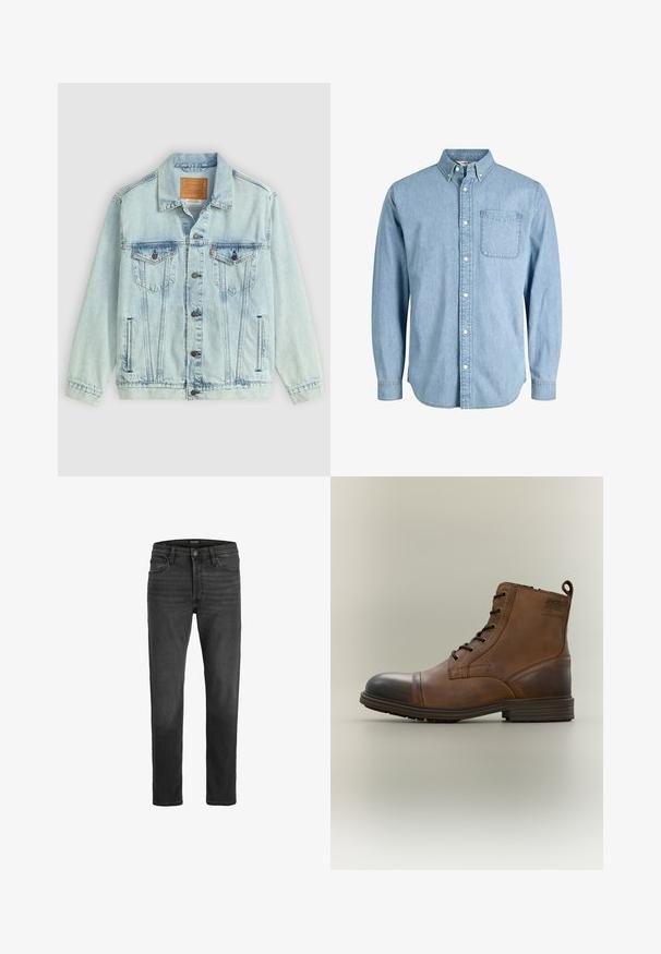 Veste en denim bleu clair avec un col, fermeture à boutons, deux poches poitrine et un patch logo au dos, présentant une texture usée.; Chemise en denim bleu clair à boutons, manches longues, col, poche avant et texture subtile. Présente des boutons blancs le long de la patte de boutonnage.; Jean en denim noir avec une coupe droite, design à cinq poches et fermeture éclair. Présente un léger délavage et des coutures contrastées.; Botte cheville en cuir marron à lacets avec bout noir, semelle ronde et détail de marque sur le côté sur fond uni.