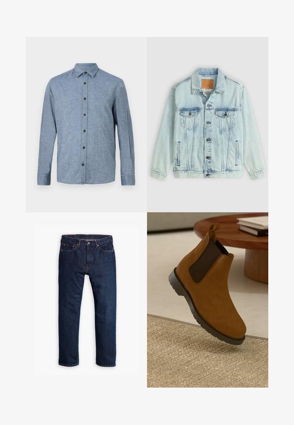 Veste en denim bleu clair avec un col, fermeture à boutons, deux poches poitrine et un patch logo au dos, présentant une texture usée.; Chemise à manches longues en tissu bleu clair avec un tissage texturé, dotée d'un col et de six boutons marron foncé sur le devant.; Personne portant un jean droit bleu foncé, des baskets blanches et un sweat-shirt vert olive, les mains dans les poches, debout devant un fond gris.; Botte Chelsea en cuir marron avec des panneaux latéraux élastiques noirs, un bout arrondi, une semelle en caoutchouc texturée et une petite languette à l'arrière.