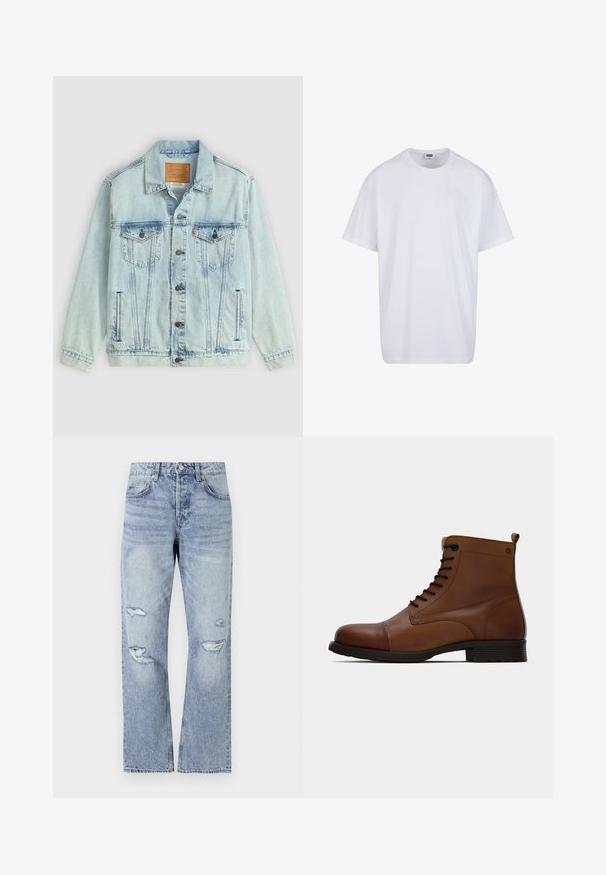 Veste en denim bleu clair avec un col, fermeture à boutons, deux poches poitrine et un patch logo au dos, présentant une texture usée.; T-shirt blanc uni en coton à manches courtes avec col rond et étiquette de taille et de marque visible à l'intérieur du col.; Jean en denim bleu clair avec une coupe droite, présentant des déchirures usées au niveau des genoux et un style classique à cinq poches.; Jack & Jones JFWSHAUN BOOT - Bottines à lacets - cognac