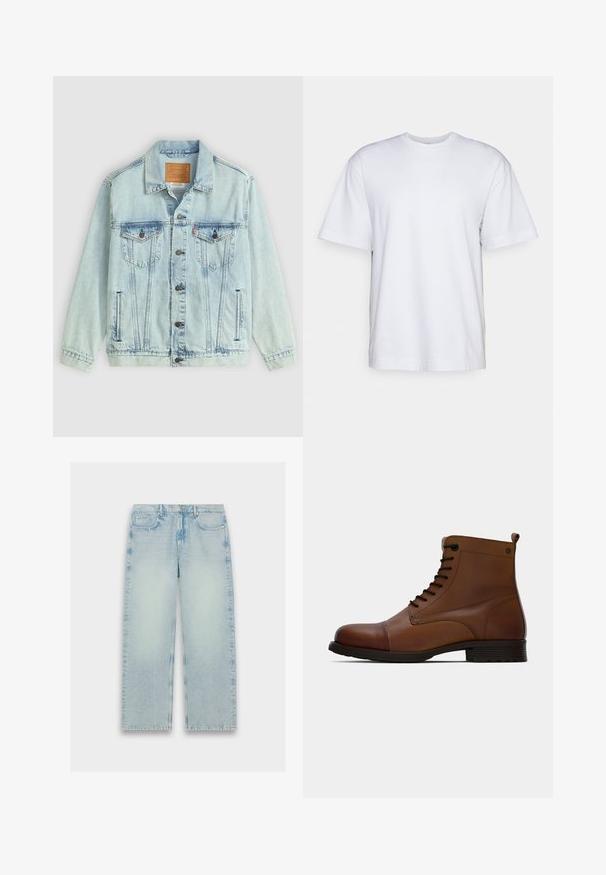 Svetlomodrá džínová bunda s golierom, predným zapínaním na gombíky, dvoma náprsními vreckami a logom na zadnej strane, s opotrebovanou textúrou.; Filippa K HEAVY CREW NECK TEE - Základné tričko - white; Svetlomodré, vysoko posadené riflové nohavice s rovnými nohavicami, s vyblednutou textúrou a klasickým päťokrovým dizajnom.; Jack & Jones JFWSHAUN BOOT - Členkové šnurovacie čižmy - cognac