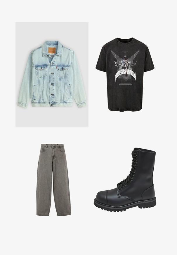 Veste en denim bleu clair avec un col, fermeture à boutons, deux poches poitrine et un patch logo au dos, présentant une texture usée.; T-shirt noir surdimensionné en denim, arborant un graphisme d'une statue avec des ailes et du texte, et une texture légèrement usée.; Pantalon en denim gris avec taille haute, jambes larges, design classique à cinq poches et fermeture à bouton à l'avant. Fini légèrement texturé.; Botte de combat en cuir noir avec un haut tige, fermeture lacée à l'avant, col rembourré et semelle texturée robuste pour une meilleure adhérence. Dotée d'un capuchon de protection renforcé.
