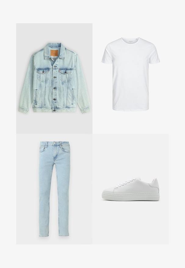 Lyseblå denimjakke med krave, knaplukning, to brystlommer og logo-patch på ryggen, med en slidteknik.; Rundhals kortærmet t-shirt i ensfarvet hvid, lavet af blød bomuld, har et simpelt design uden synlige mønstre eller detaljer.; Lyseblå denimjeans med lige ben, der har fem lommer, diskret falmning og klassiske syningsdetaljer.; Hvide lædersneakers med en chunky platformsål, rund tå og seks snørehuller. Glat tekstur med subtile syninger.